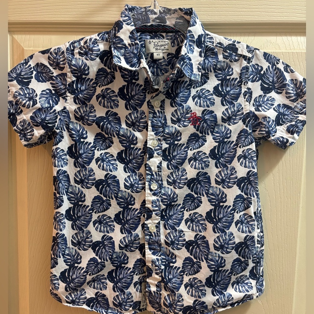 Penguin Button Down Shirt Tropical Leaf Print Short Sleeve 4T